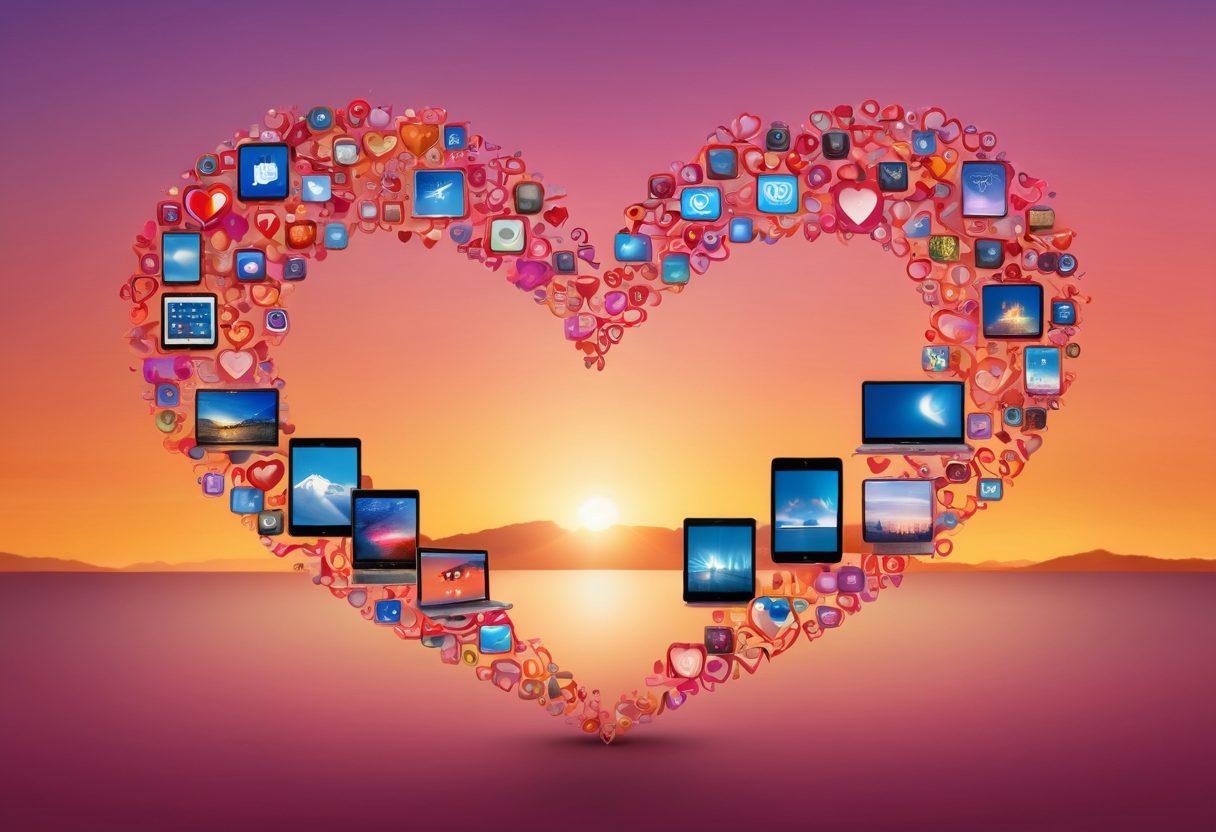 A heart symbol composed of interlinked mobile devices, displaying various romantic and community-focused apps on their screens. Incorporate diverse couples sharing joyful moments, under a warm sunset. Surround the heart with flowing ribbons representing connection and collaboration. The background features a harmonious community setting, blending technology with love. vibrant colors. super-realistic.