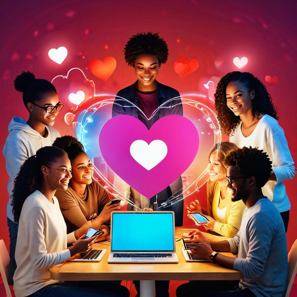 A warm and inviting scene showcasing a diverse group of people gathered around digital devices, smiling and engaging with heart-shaped icons floating above them. The background features intertwining circuit patterns and soft glowing lights, symbolizing technology's role in enhancing connection. Include elements like a community board, hearts, and tech gadgets to illustrate innovation in fostering affection. vibrant colors. super-realistic.