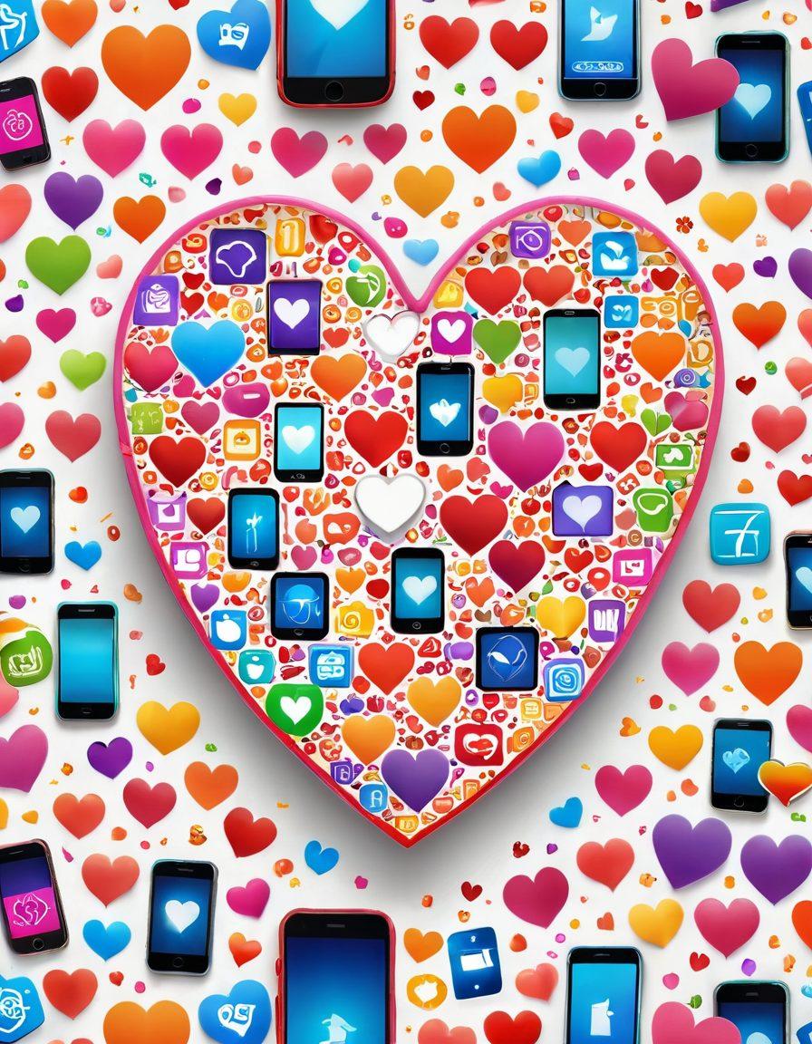 A heart-shaped smartphone glowing with vibrant app icons symbolizing love and community, surrounded by diverse people engaging joyfully in conversation, digitally connected in a warm, inviting atmosphere. Elements like flowers and heart motifs weave throughout the scene, enhancing the theme of affection. Bright colors and a cheerful vibe to inspire romance and connection. super-realistic. vibrant colors. white background.